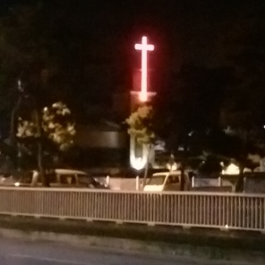 On our walk into Goesan, we saw this church Leanndra says she attended during orientation. It had a neon red cross.