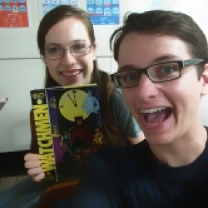 Leanndra and I with the book we were currently reading for book club: one of my favorites-- "Watchmen"!